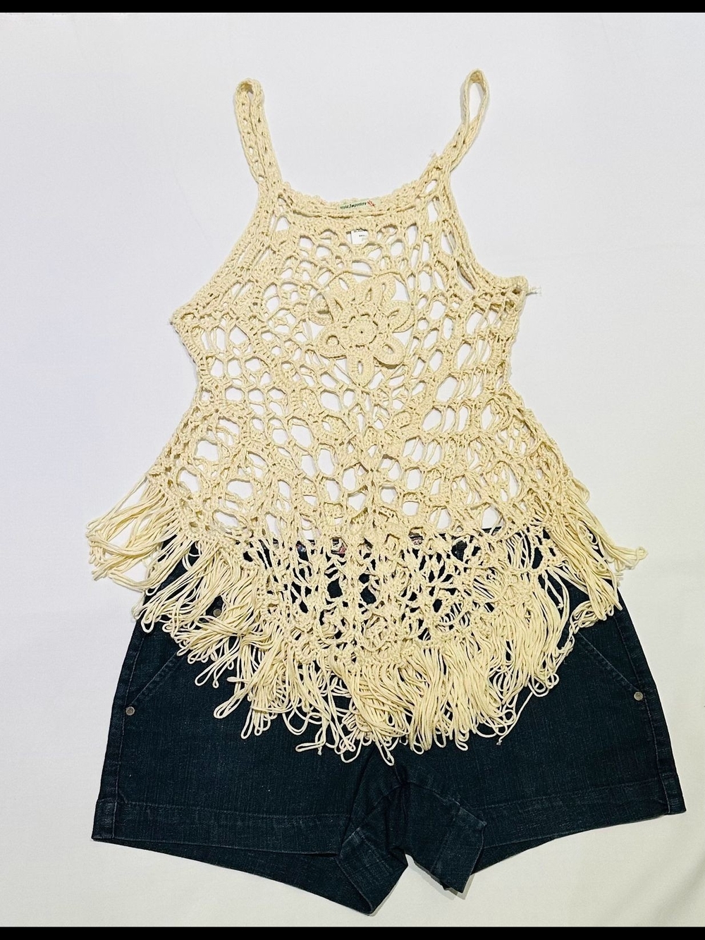 Bohemian Crochet Fringe Tank Top in Cream
